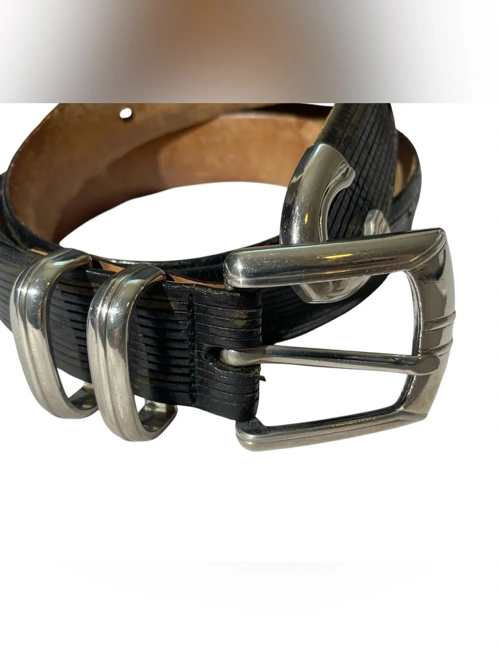 Cale Black Leather Western Silver Brass Tip And Buckle Belt Mens Sz 36 Spain